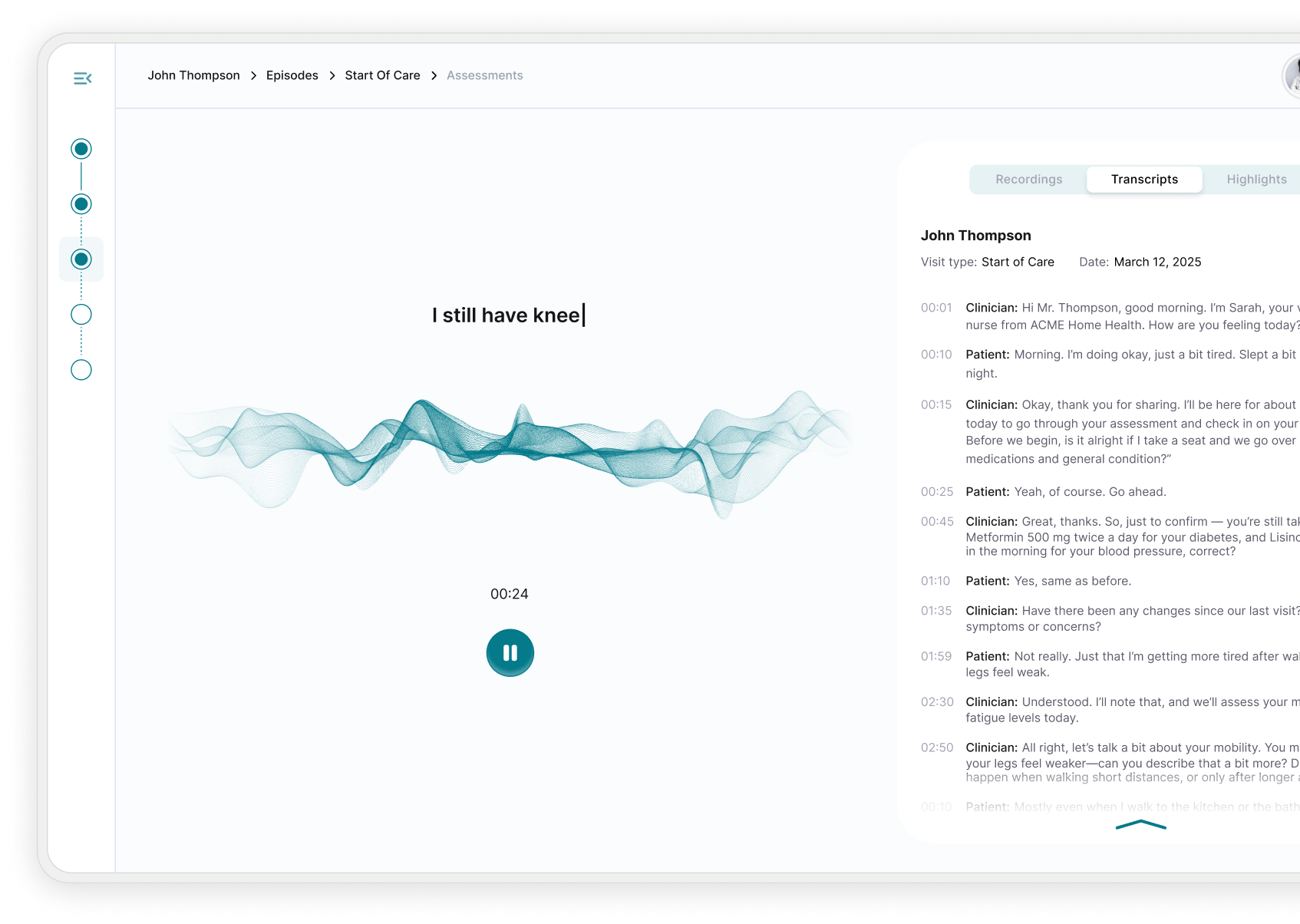 Home health assessment interface