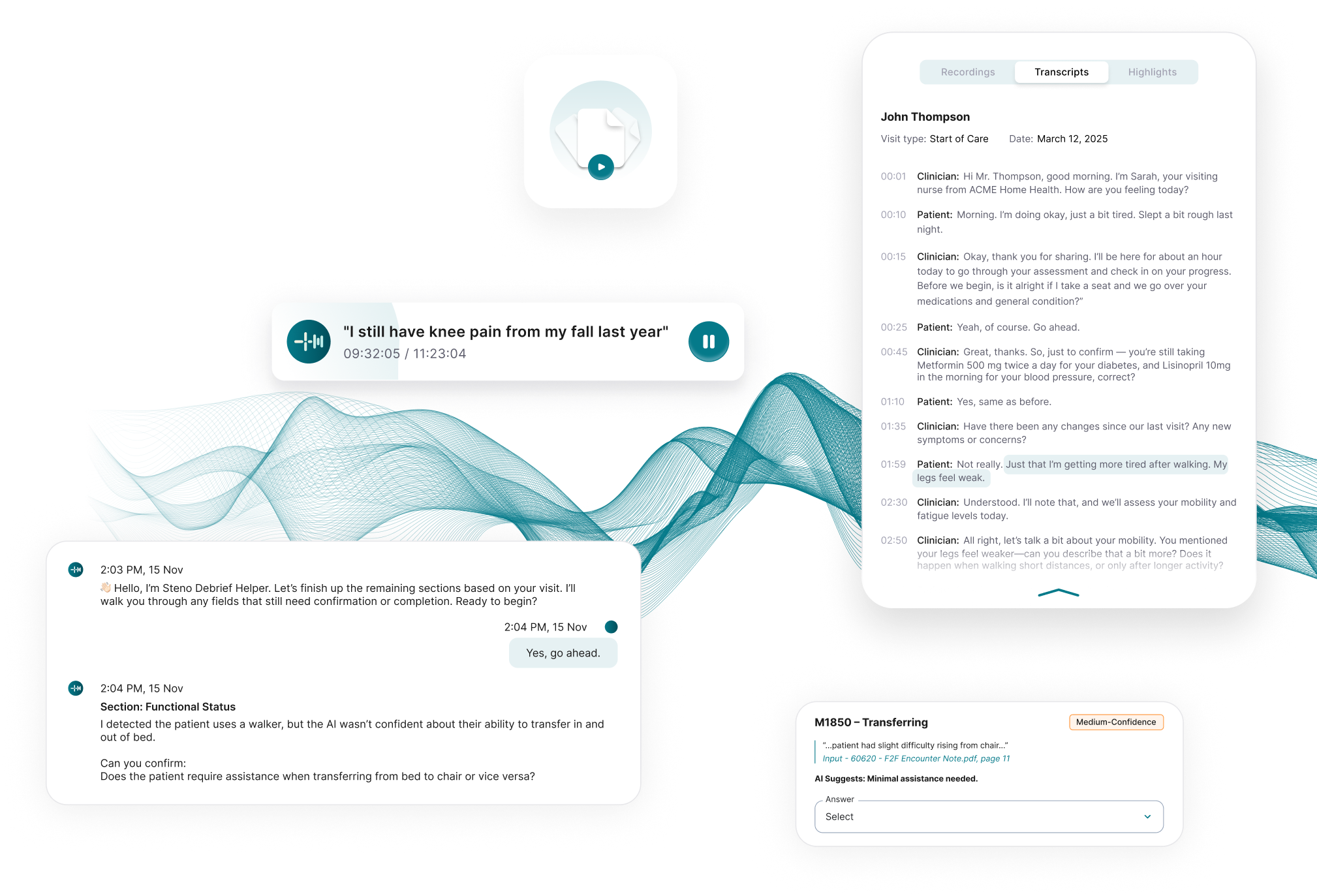 Steno Health AI Platform interface showing patient conversation and data analysis